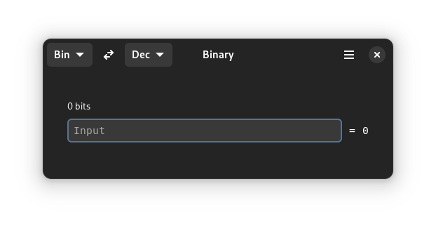 Screenshot of my application, Binary. It has toggles for input (Bin) and output (Dec), a bit counter and an entry with the label Input